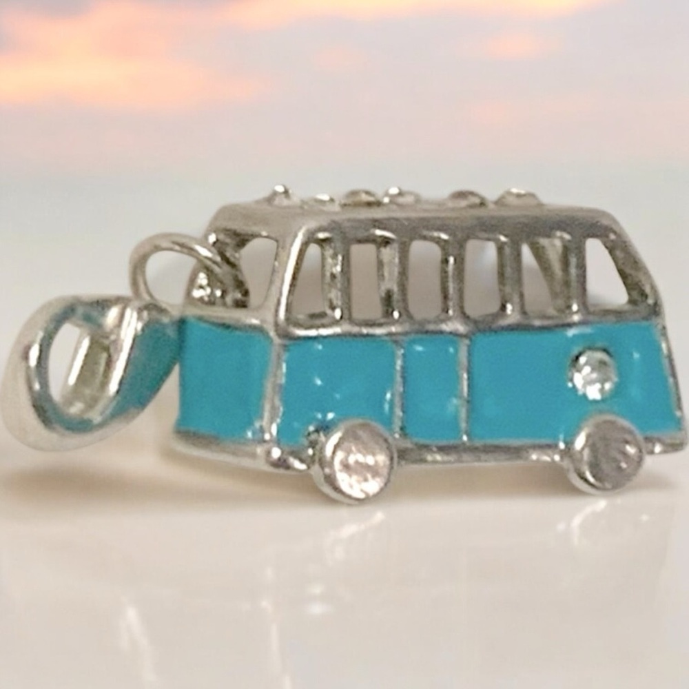 VW Bus Blue, Silver, & Crystal w/Lobster clasp Zipper pull, purse, shoe charm - Picture 7 of 8